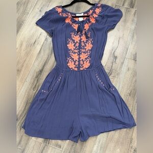Love, Fire Navy and Coral Embroidered Romper